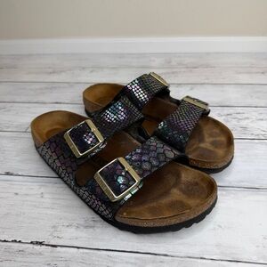 Birkenstock Iridescent Black snake pattern purple Sandals